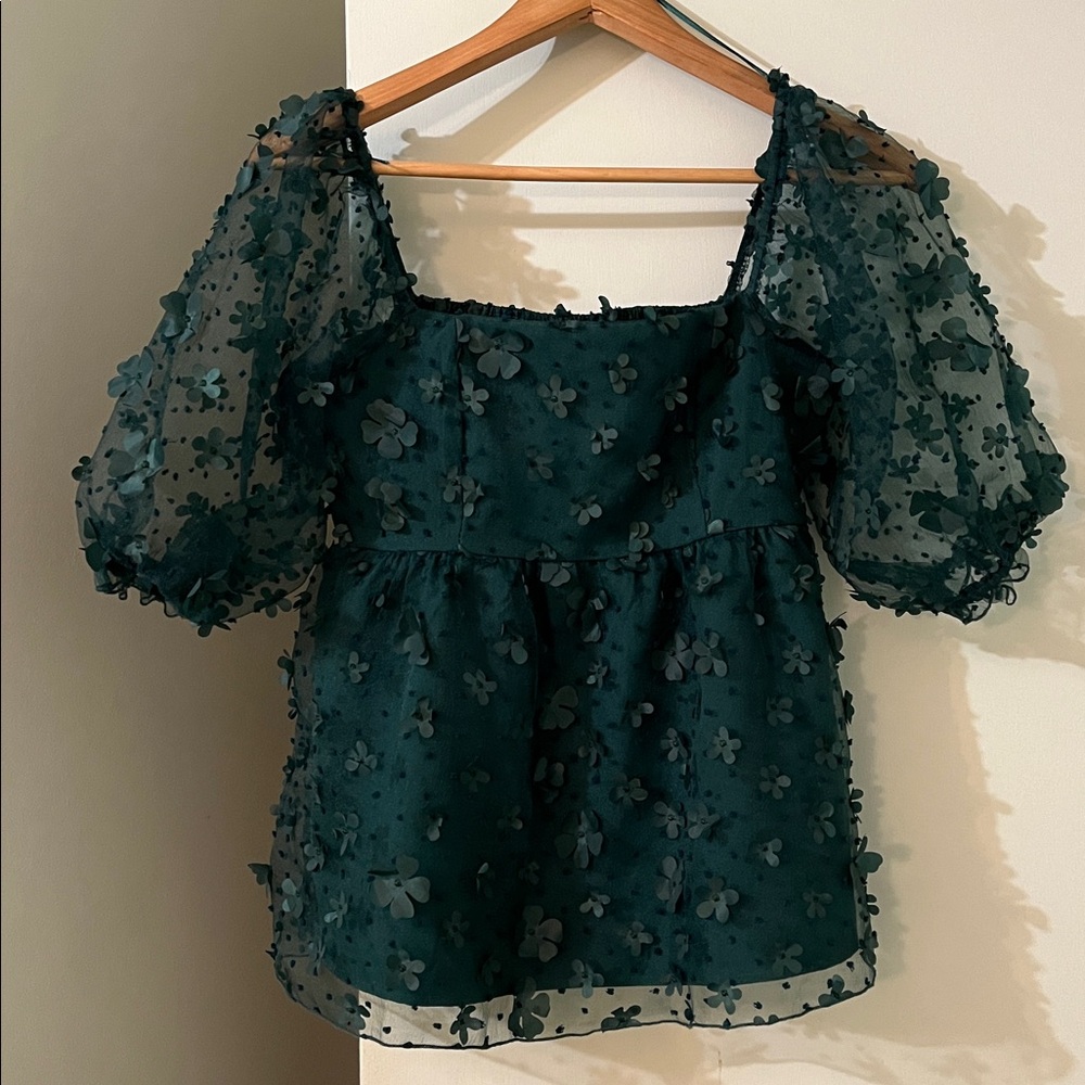 NWT Thirty Thirty teal babydoll blouse sheer puffed sleeves floral appliqué